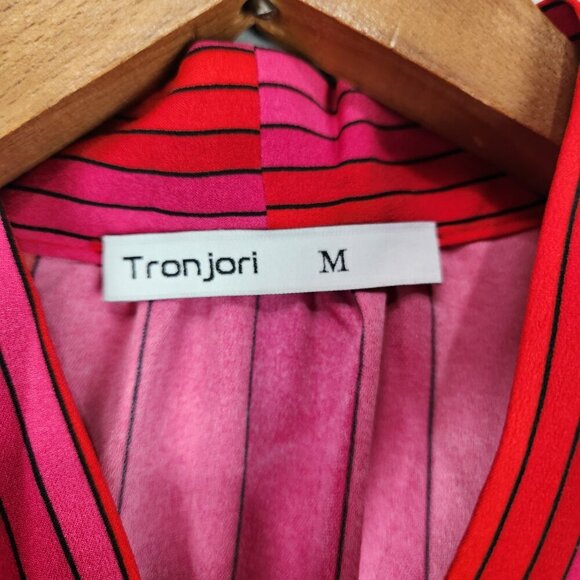 Tronjori Keyhole Neck Tie Blouse Women's M Red Pink Stripe Statement Feminine - Picture 6 of 8